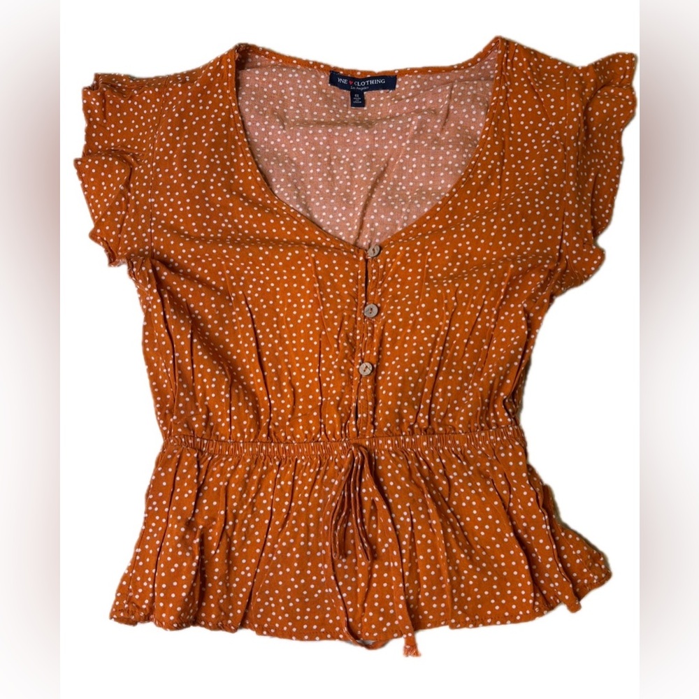 ONE ❤️ CLOTHING LA Women’s Orange & White PolkaDot Peplum Blouse Size Small